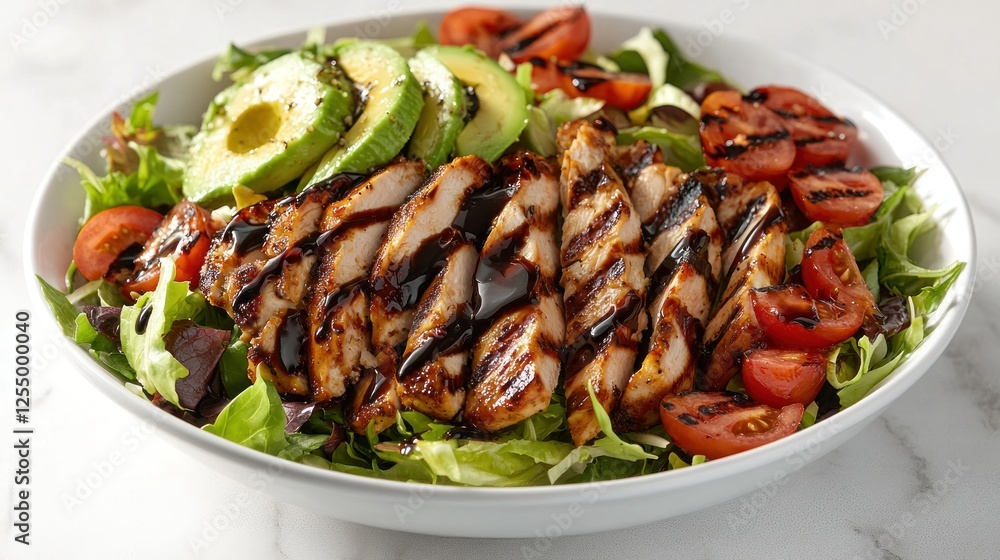 A Colorful Salad with Grilled Chicken, Avocado, and Balsamic Dressing A Colorful Salad with Grilled Chicken, Avocado, and Balsamic Dressing