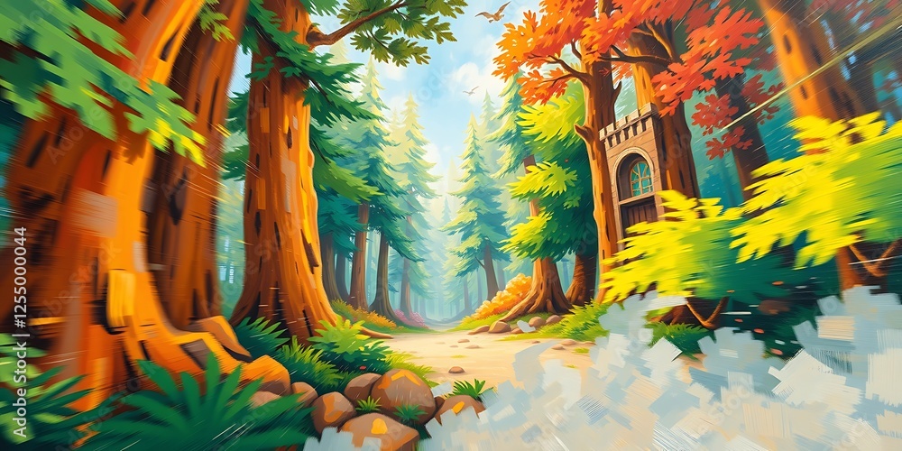 Fototapeta premium Whimsical 2D Cartoon Forest Background