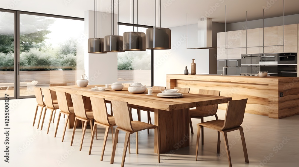 Spacious and inviting minimalist dining area with elegant wooden furniture including a large table and chairs accentuated by sleek pendant lighting fixtures creating a warm and sophisticated ambiance Spacious and inviting minimalist dining area with elegant wooden furniture including a large table and chairs accentuated by sleek pendant lighting fixtures creating a warm and sophisticated ambiance