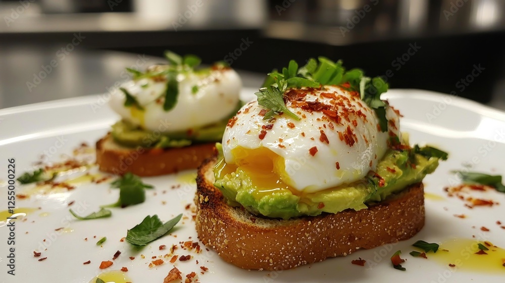 A Freshly Made Toast with Avocado, Poached Egg, and Chili Flakes A Freshly Made Toast with Avocado, Poached Egg, and Chili Flakes