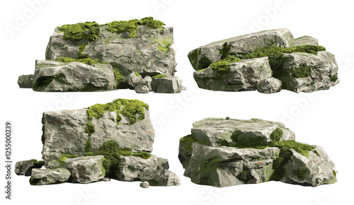 3D rendering realistic mossy stone cut out backgrounds transparent, green mossy rocks and trees, vector illustration, nature, isolated, landscape, forest elements, PNG clipart