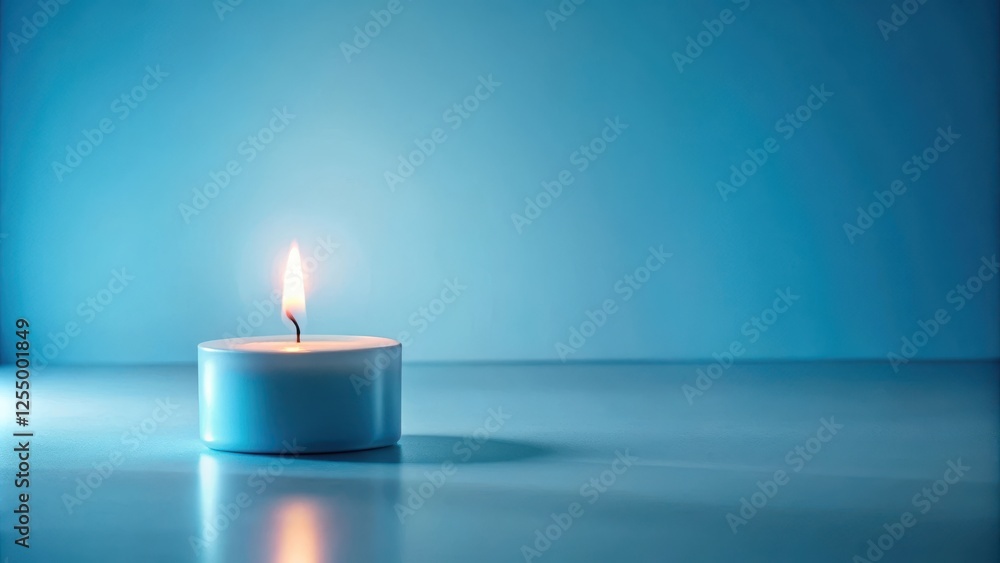 A single teal candle flame glows serenely against a tranquil blue backdrop, casting a soft reflection on the smooth surface. A single teal candle flame glows serenely against a tranquil blue backdrop, casting a soft reflection on the smooth surface.
