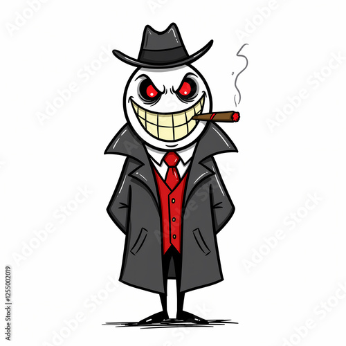 Diabolical evil stick figure meme mafia boss, organized crime syndicate kingpin with cigar - isolated on white	