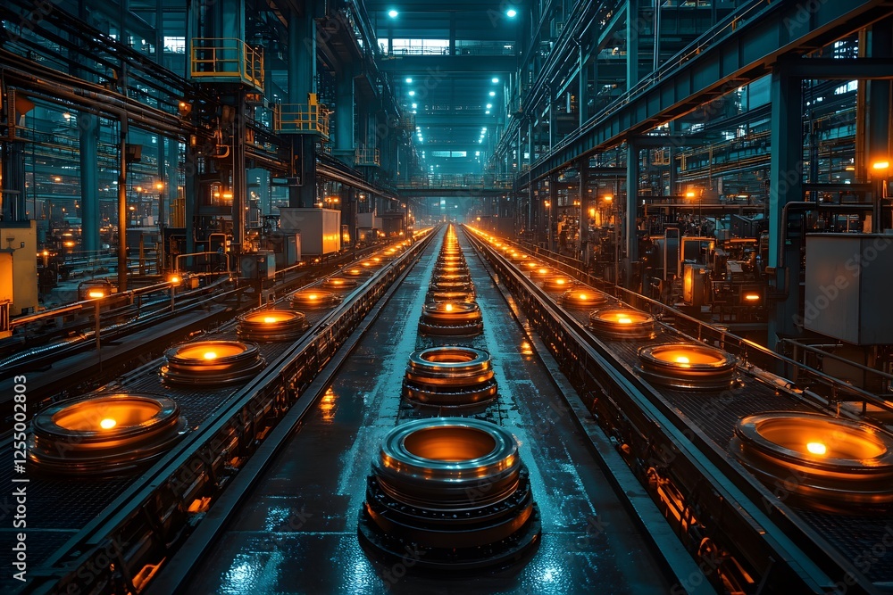Industrial Factory at Night Showcasing Advanced Machinery and Production Lines Industrial Factory at Night Showcasing Advanced Machinery and Production Lines