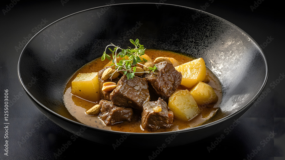 Contemporary Thai Massaman Curry Plating with Tender Beef and Potatoes Contemporary Thai Massaman Curry Plating with Tender Beef and Potatoes