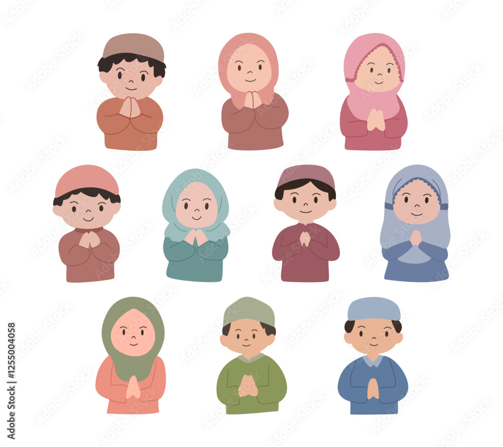 Set of Islamic Children with Greeting Pose for Eid Mubarak Event Set of Islamic Children with Greeting Pose for Eid Mubarak Event
