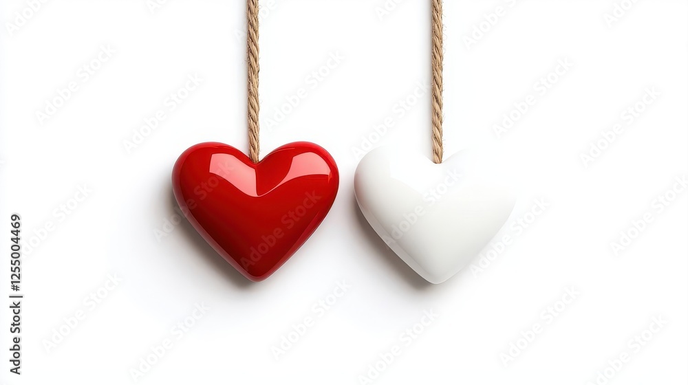 Two hanging hearts in red and white color symbolizing love and togetherness., Valentine's Day Two hanging hearts in red and white color symbolizing love and togetherness., Valentine's Day