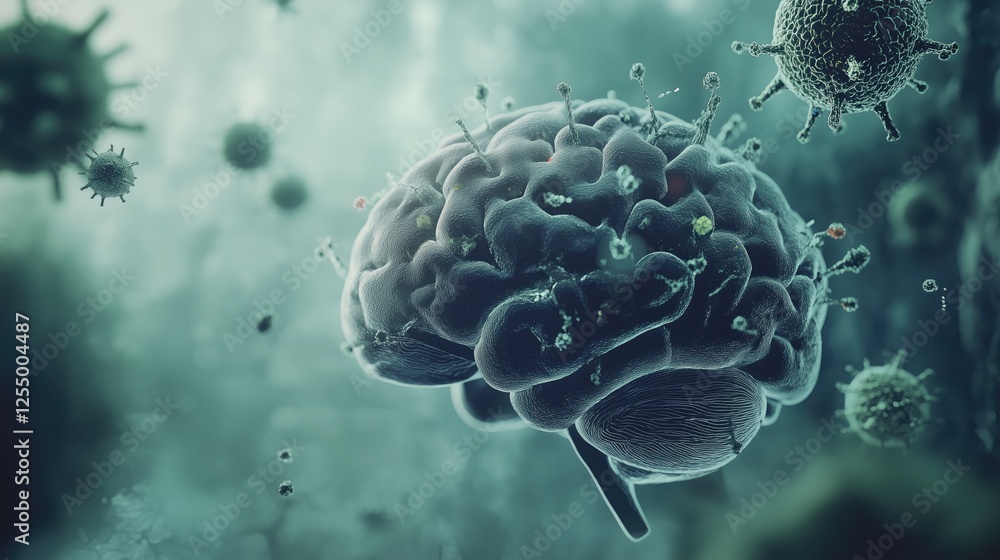 Obraz premium Human brain and virus interaction in a microscopic view