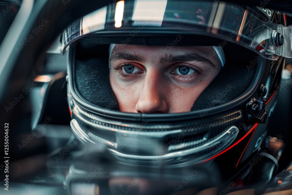 Close-up portrait of a confident handsome young sport racer wearing a stylish helmet looking at the front. Neural network ai generated Close-up portrait of a confident handsome young sport racer wearing a stylish helmet looking at the front. Neural network ai generated