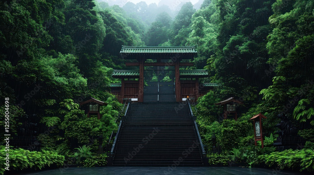 Obraz premium Japanese Shrine Steps In Lush Green Forest During Rain