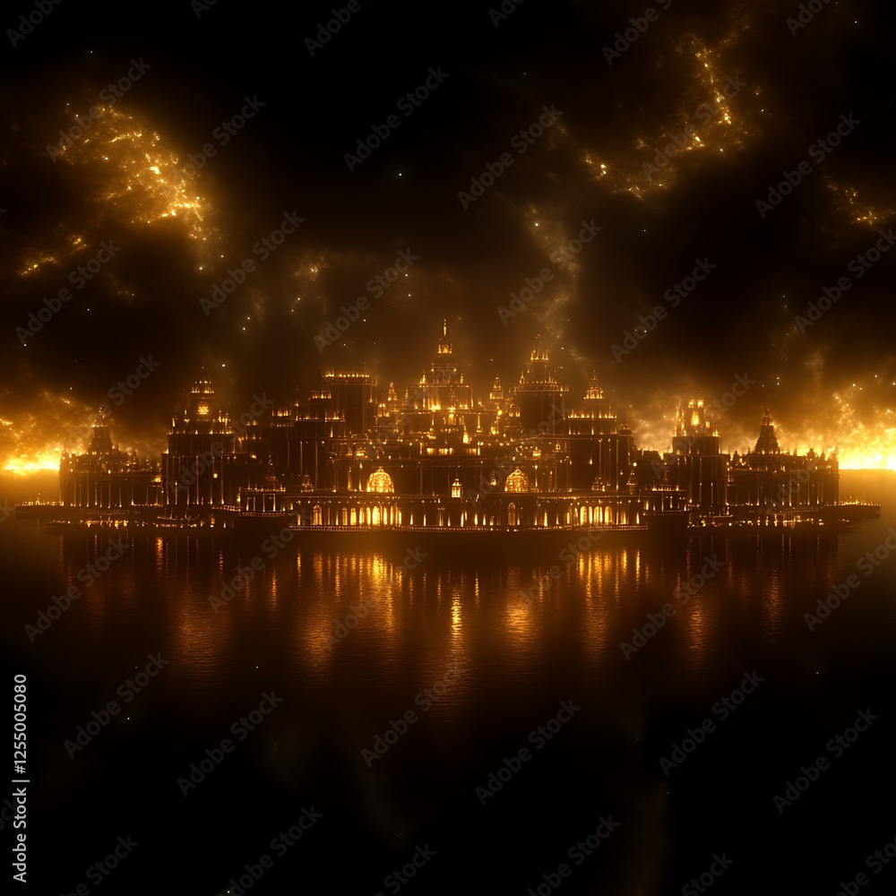 Golden Cityscape at Night Reflected in Water Shimmering Urban Architecture with Towering Structures Golden Cityscape at Night Reflected in Water Shimmering Urban Architecture with Towering Structures