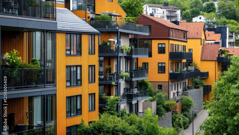 Modern Architecture in a Hillside Setting: Vibrant Yellow Buildings and Lush Greenery Modern Architecture in a Hillside Setting: Vibrant Yellow Buildings and Lush Greenery