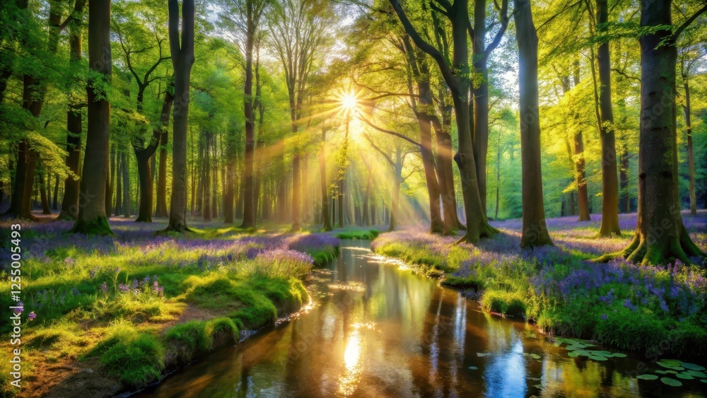Golden Rays Illuminate Serene Woodland Stream, Bathing Purple Wildflowers in Sunlight's Embrace Golden Rays Illuminate Serene Woodland Stream, Bathing Purple Wildflowers in Sunlight's Embrace