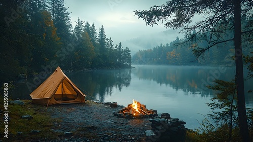 Peaceful riverside campsite nestled in a scenic forest landscape featuring a tent campfire and open sky  Idyllic setting for outdoor adventure relaxation and connection with nature