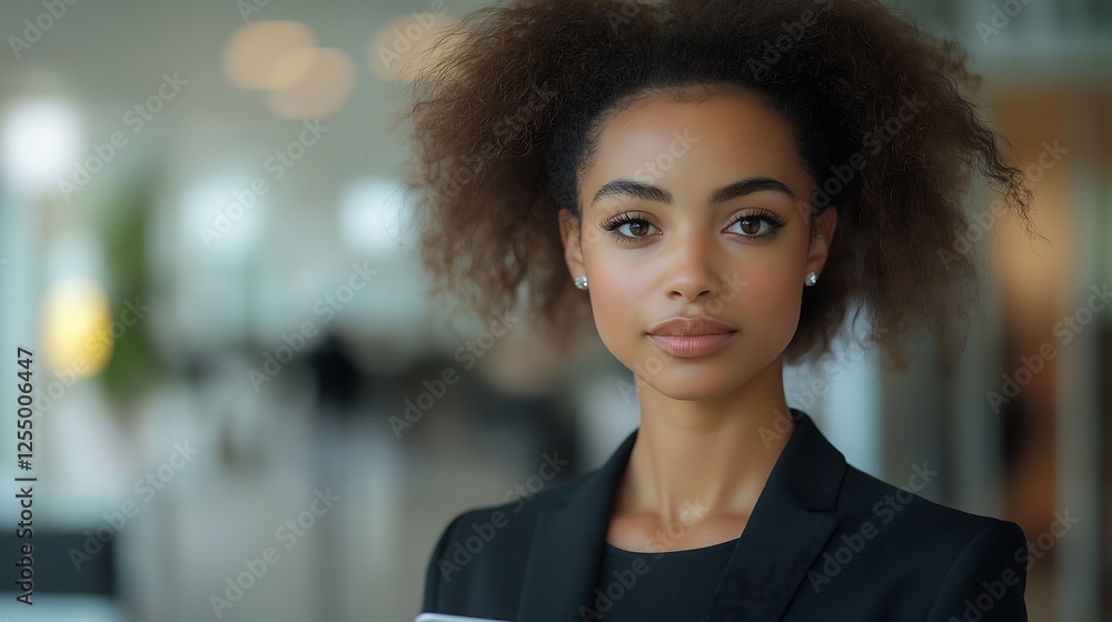 A confident businesswoman in a black suit, holding a tablet and standing in a modern office environment, looking focused and professional A confident businesswoman in a black suit, holding a tablet and standing in a modern office environment, looking focused and professional