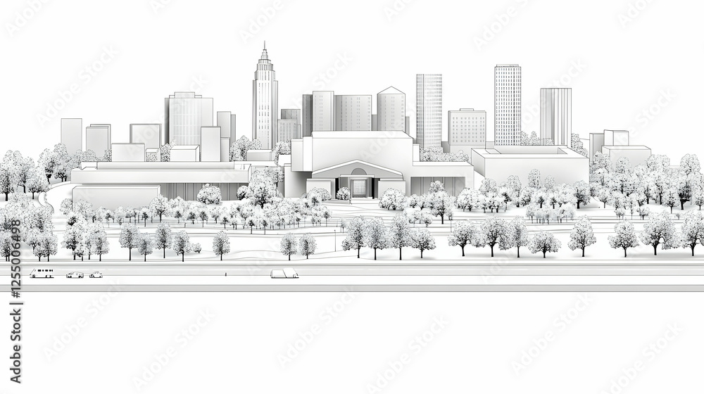 Fototapeta premium Cityscape 3D Illustration Skyline Trees