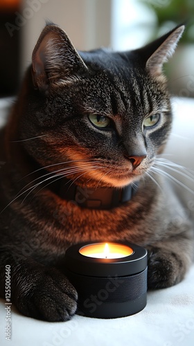 A poised cat wearing a discrete spiritual counselor band cradles a tiny candle while offering silent guidance to a plush figure. The stark white backdrop resonates with tranquility, assisted  photo