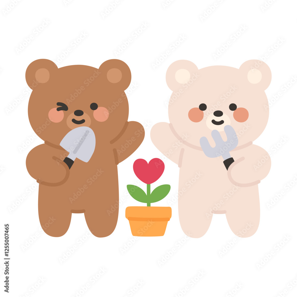 Fototapeta premium Korean Couple Bears Cartoon Gardening with Heart-Shaped Flower in a Pot