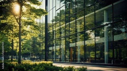 Eco-friendly building modern city sustainable glass building Ecology concept Office building with green environment