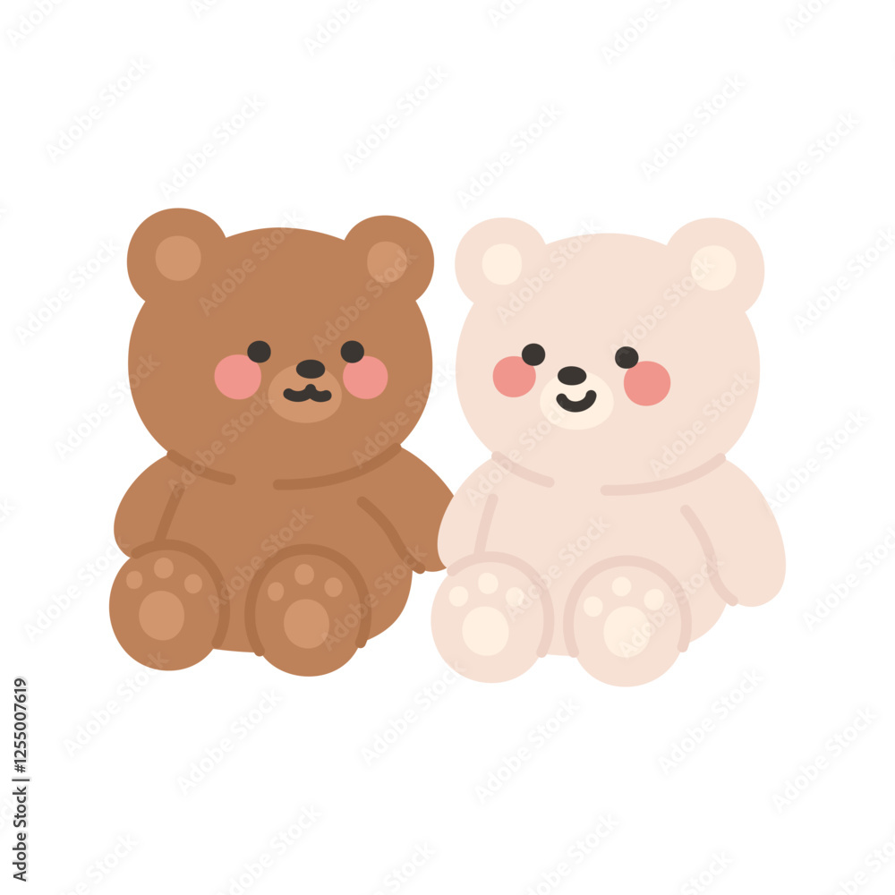 Korean Couple Bears Cartoon Sitting Together with Cute Expressions and Pastel Colors Korean Couple Bears Cartoon Sitting Together with Cute Expressions and Pastel Colors