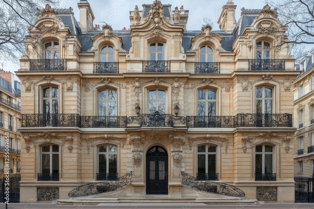 Fototapeta premium Elegant parisian building with ornate gate and balconies displaying french architecture