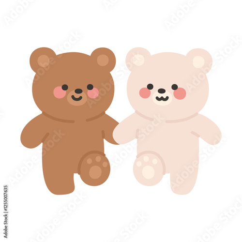 Front View of Korean Couple Bears Cartoon Smiling and Holding Hands While Walking