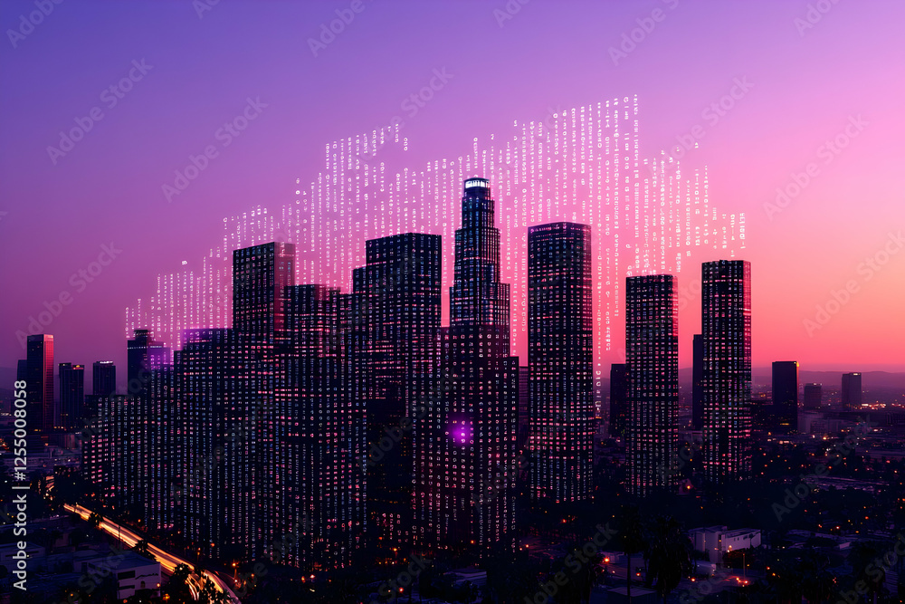 Fototapeta premium Digital Cityscape at Dusk 3D Illustration