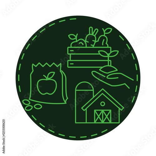 Vector icon for Harvesting. Illustration of crops being gathered with tools and equipment, symbolizing agricultural production.