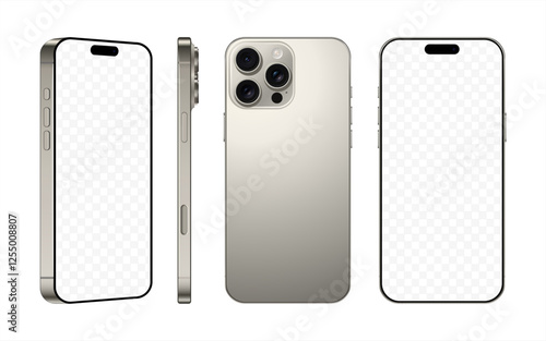 new frameless smartphone natural titanium color with black screen, front back and side view, isolated on white background. mockup of realistic mobile phone with shadow. 3d vector illustration, 10 eps.
