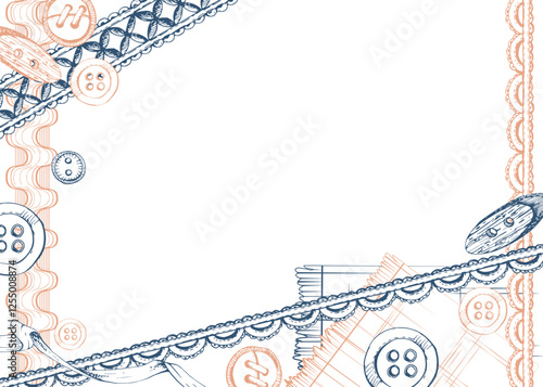 Fabric scissors snaps, wooden buttons ribbon lace, indigo beige. Hand drawn ink vector illustration sewing craft supplies. Frame isolated on white background. Design atelier, tailor, hobby shop