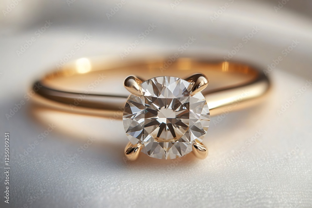Golden engagement ring with sparkling brilliant diamond, symbol of everlasting love