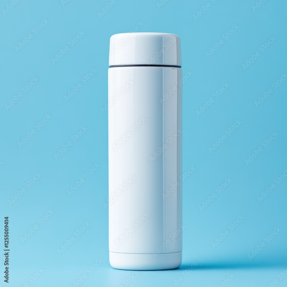 White insulated bottle on blue background, product shot for marketing White insulated bottle on blue background, product shot for marketing