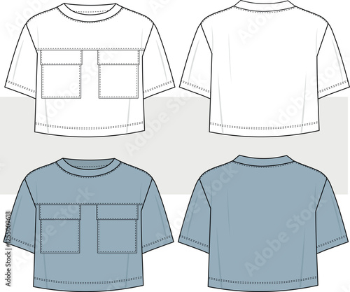Oversized Cropped  T-Shirt fashion flat technical drawing template with square cut patch breast pockets, front and back view. CAD mock-up.