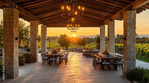 Outdoor wedding reception venue overlooking vineyard at sunset