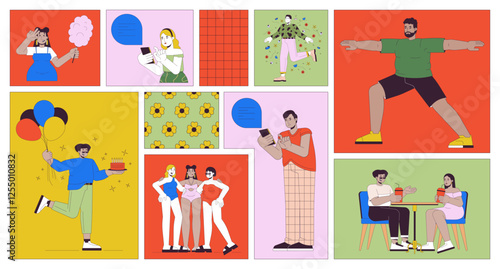 Body positive lifestyle bento grid illustration set. Happy life with obesity 2D vector image collage design graphics collection. Diverse people with overweight flat characters moodboard layout