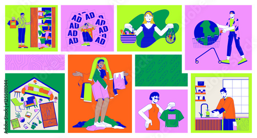 Overconsumption problem bento grid illustration set. Using and buying goods 2D vector image collage design graphics collection. People with excessive items flat characters moodboard layout