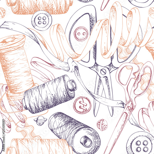 Fabric scissors, buttons ribbon thread bobbins, zigzag lace red beige, sewing craft supplies. Hand drawn ink vector illustration. Seamless pattern isolated on white. Design atelier, tailor, hobby shop