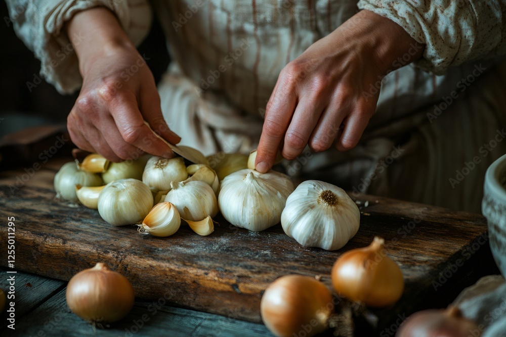 Chef cutting garlic and onions on rustic wooden board Chef cutting garlic and onions on rustic wooden board
