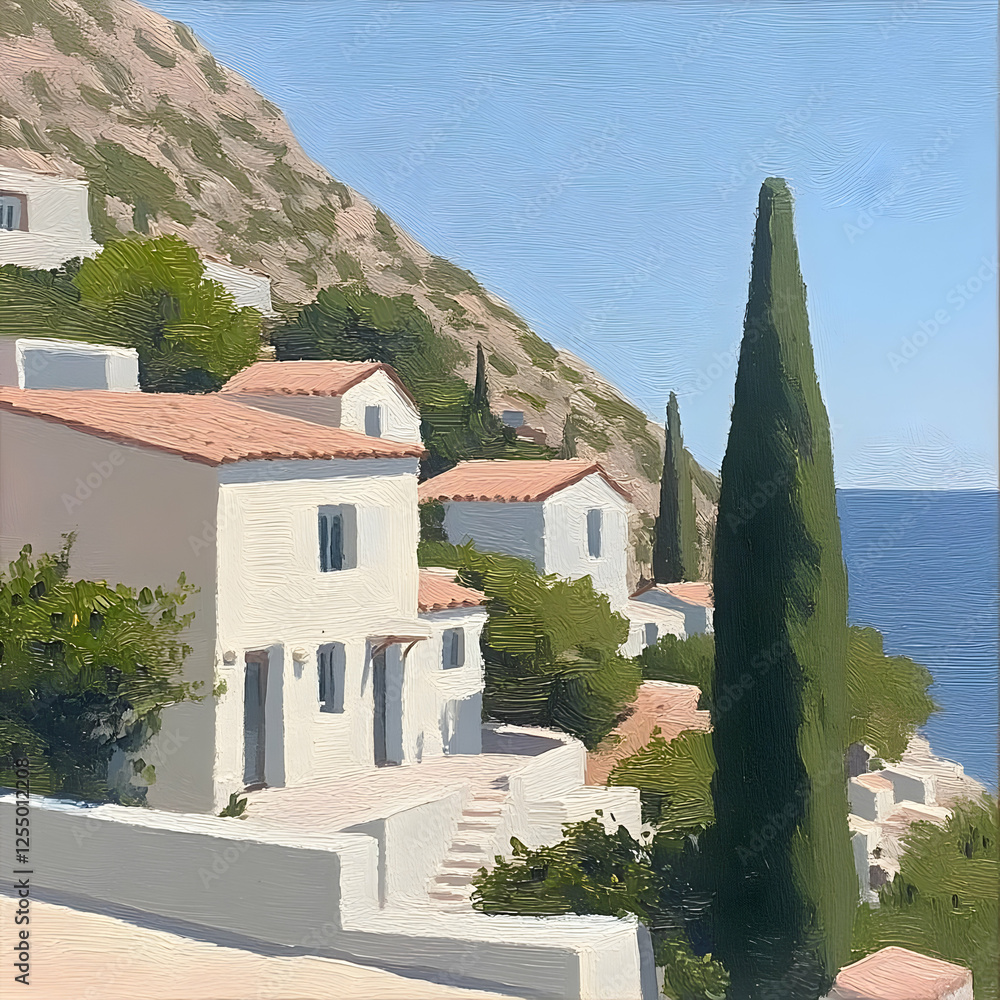 Obraz premium Mediterranean Coastal Village Painting