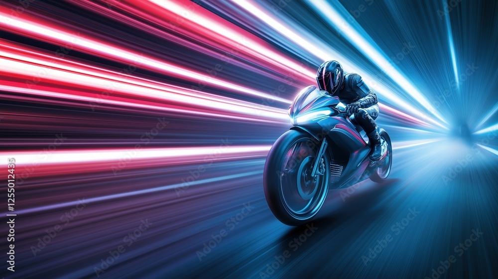 Fototapeta premium Dynamic image of a motorcyclist speeding through a futuristic tunnel with vibrant neon light streaks in blue and red hues. High-speed transport concept.