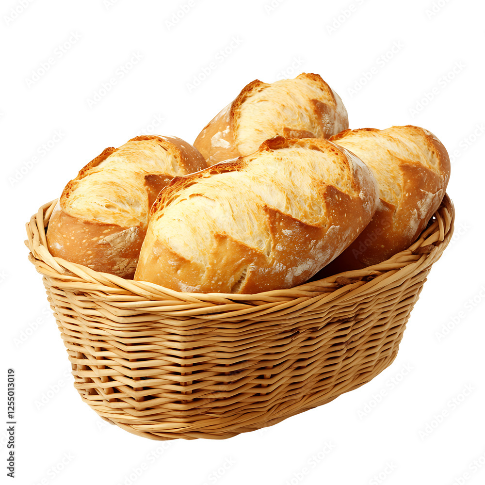 Assorted baked bread in a basket including loaves, isolated on a transparent background Assorted baked bread in a basket including loaves, isolated on a transparent background
