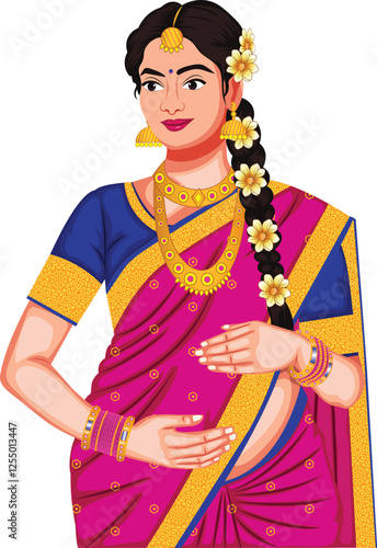 South Indian Pregnant Woman Wearing Traditional Saree Vector Illustration