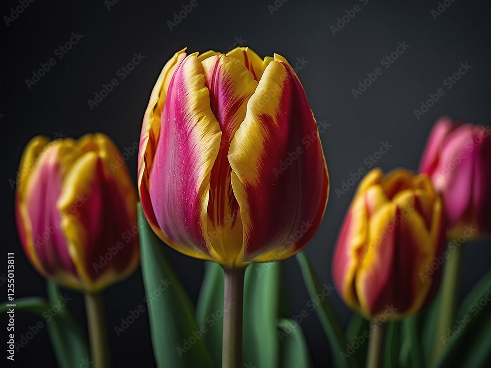 Fototapeta premium Vibrant Pink and Yellow Tulip Bloom in Spring Garden Close Up