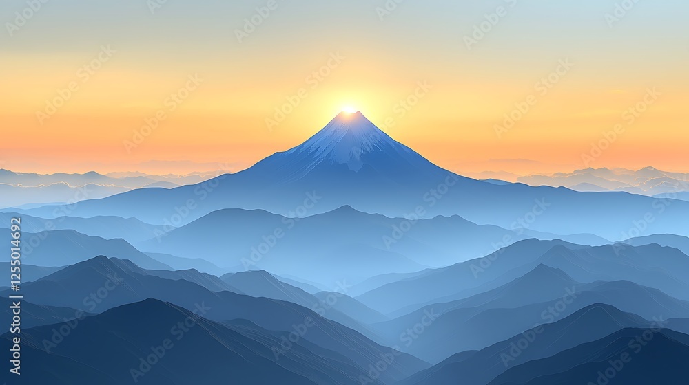 Abstract mountain silhouette with soft gray and blue gradients fading into a golden sunrise sky