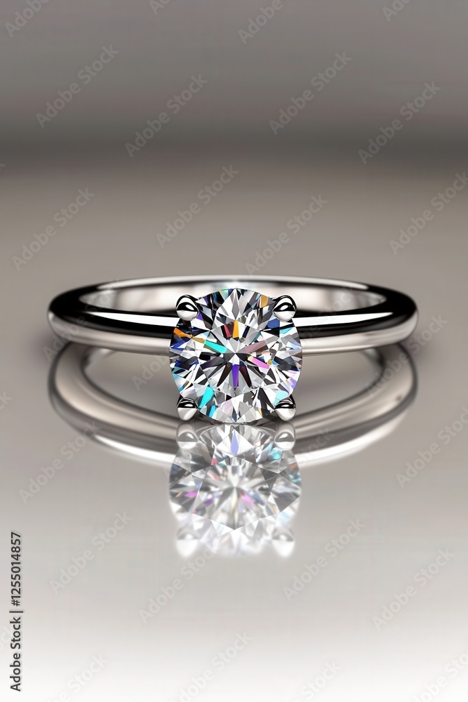 A sparkling diamond ring on a reflective surface, isolated on white background A sparkling diamond ring on a reflective surface, isolated on white background