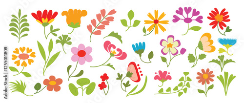 Collection of spring colorful flower elements vector. Set floral of wildflower, leaf branch, foliage on white background. Hand drawn blossom illustration for decor, easter, thanksgiving, clipart.