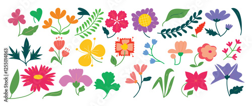 Collection of spring colorful flower elements vector. Set floral of wildflower, leaf branch, foliage on white background. Hand drawn blossom illustration for decor, easter, thanksgiving, clipart.