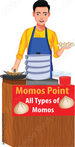 Indian Street Vendor Selling Momos Vector Illustration