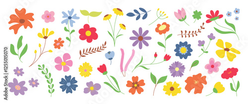 Collection of spring colorful flower elements vector. Set floral of wildflower, leaf branch, foliage on white background. Hand drawn blossom illustration for decor, easter, thanksgiving, clipart.