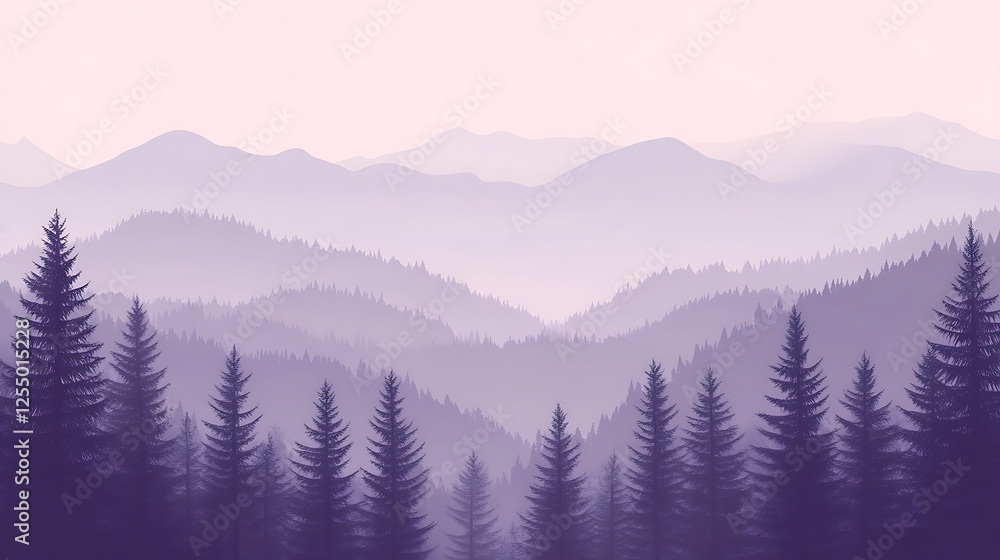 Obraz premium Purple Mountains and Silhouetted Evergreen Trees